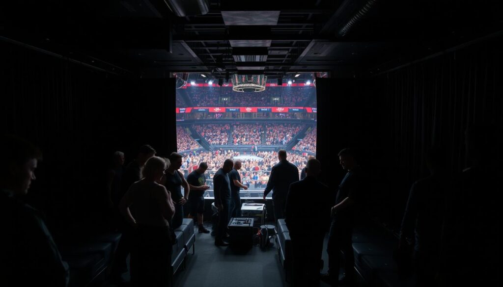 A backstage area of a WWE event, dimly lit with dramatic shadows and highlights. In the foreground, wrestlers prepare for their matches, stretching and reviewing their moves. The middle ground shows production crew members scurrying about, checking equipment and coordinating logistics. In the background, a glimpse of the bustling arena, the roar of the crowd muffled by the thick curtains. The atmosphere is tense, electric, with a sense of anticipation and adrenaline permeating the space. The scene is captured with a cinematic, documentary-style lens, conveying the exclusive, behind-the-scenes nature of the content. A backstage area of a WWE event, dimly lit with dramatic shadows and highlights. In the foreground, wrestlers prepare for their matches, stretching and reviewing their moves. The middle ground shows production crew members scurrying about, checking equipment and coordinating logistics. In the background, a glimpse of the bustling arena, the roar of the crowd muffled by the thick curtains. The atmosphere is tense, electric, with a sense of anticipation and adrenaline permeating the space. The scene is captured with a cinematic, documentary-style lens, conveying the exclusive, behind-the-scenes nature of the content.