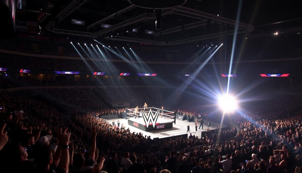 A bustling live event arena, with a large central ring and rows of spectators filling the seats. The atmosphere is electric, with dramatic lighting casting dynamic shadows across the scene. In the foreground, the iconic WWE logo is prominently displayed, signaling the live wrestling action about to unfold. The middle ground features wrestlers in dynamic poses, ready to engage in high-intensity matches. The background showcases the venue's impressive architecture, hinting at the grand scale of the live experience. The overall composition conveys the excitement and energy of a free, live WWE event. A bustling live event arena, with a large central ring and rows of spectators filling the seats. The atmosphere is electric, with dramatic lighting casting dynamic shadows across the scene. In the foreground, the iconic WWE logo is prominently displayed, signaling the live wrestling action about to unfold. The middle ground features wrestlers in dynamic poses, ready to engage in high-intensity matches. The background showcases the venue's impressive architecture, hinting at the grand scale of the live experience. The overall composition conveys the excitement and energy of a free, live WWE event.
