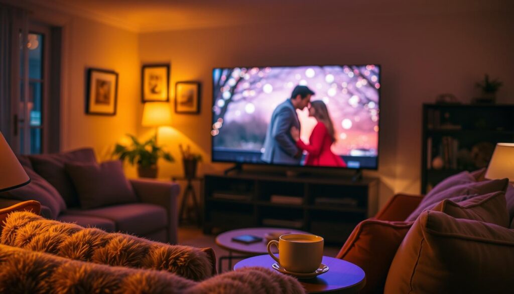 A cozy living room filled with the soft glow of a flatscreen TV, showcasing a romantic movie playing in the foreground. The room is illuminated by warm, ambient lighting, creating a serene and inviting atmosphere. Plush, comfortable furniture invites the viewer to settle in and lose themselves in the on-screen love story. The walls are adorned with tasteful decor, hinting at the homeowner's refined aesthetic. A cup of hot tea or coffee sits on a side table, adding to the overall sense of relaxation and coziness. The scene exudes a sense of tranquility and intimacy, capturing the essence of enjoying a romantic film from the comfort of one's own home. A cozy living room filled with the soft glow of a flatscreen TV, showcasing a romantic movie playing in the foreground. The room is illuminated by warm, ambient lighting, creating a serene and inviting atmosphere. Plush, comfortable furniture invites the viewer to settle in and lose themselves in the on-screen love story. The walls are adorned with tasteful decor, hinting at the homeowner's refined aesthetic. A cup of hot tea or coffee sits on a side table, adding to the overall sense of relaxation and coziness. The scene exudes a sense of tranquility and intimacy, capturing the essence of enjoying a romantic film from the comfort of one's own home.