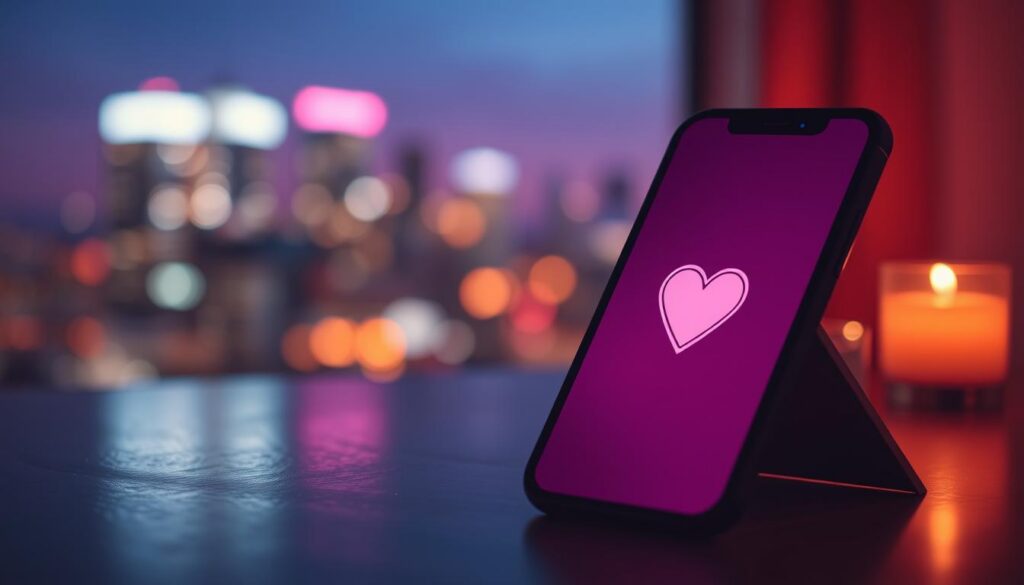 A cozy mobile app interface with a warm, romantic atmosphere. In the foreground, a sleek phone display showcases a sophisticated app with a clean, minimalist design. The app logo features a stylized heart icon, conveying the romantic theme. The background features a blurred, soft-focus cityscape at night, with twinkling lights and a hint of a starry sky. The overall color palette is muted, with hues of pink, purple, and blue creating a soothing, intimate ambiance. The lighting is soft and flattering, casting a gentle glow across the app interface. The camera angle is slightly angled, giving a sense of depth and inviting the viewer to engage with the app. The composition is balanced and visually appealing, capturing the essence of a romantic streaming app experience. A cozy mobile app interface with a warm, romantic atmosphere. In the foreground, a sleek phone display showcases a sophisticated app with a clean, minimalist design. The app logo features a stylized heart icon, conveying the romantic theme. The background features a blurred, soft-focus cityscape at night, with twinkling lights and a hint of a starry sky. The overall color palette is muted, with hues of pink, purple, and blue creating a soothing, intimate ambiance. The lighting is soft and flattering, casting a gentle glow across the app interface. The camera angle is slightly angled, giving a sense of depth and inviting the viewer to engage with the app. The composition is balanced and visually appealing, capturing the essence of a romantic streaming app experience.