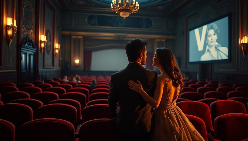 A dreamy, romantic scene set in a cozy cinema with plush velvet seats and dim, atmospheric lighting. In the foreground, a couple embraces tenderly, their faces illuminated by the warm glow of the silver screen. The middle ground features rows of seats, empty save for a sprinkling of other couples, all captivated by the film. In the background, the theater's ornate, art deco-inspired architecture creates a sense of timeless elegance. The overall mood is one of enchantment, intimacy, and the transcendent power of love stories on the big screen. A dreamy, romantic scene set in a cozy cinema with plush velvet seats and dim, atmospheric lighting. In the foreground, a couple embraces tenderly, their faces illuminated by the warm glow of the silver screen. The middle ground features rows of seats, empty save for a sprinkling of other couples, all captivated by the film. In the background, the theater's ornate, art deco-inspired architecture creates a sense of timeless elegance. The overall mood is one of enchantment, intimacy, and the transcendent power of love stories on the big screen.