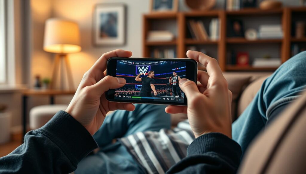 A high-quality, dynamic image of a person watching a live WWE event on their smartphone in a relaxed, casual setting. The foreground shows the person's hands holding the smartphone with the WWE event playing on the screen, with a vibrant, colorful display and detailed graphics. The middle ground depicts the person's upper body, dressed in comfortable, everyday attire, seated in a comfortable chair or sofa, immersed in the live action. The background should convey a cozy, home-like environment, with subtle details such as a bookshelf, lamp, or other personal furnishings, creating a sense of comfort and leisure. The lighting should be warm and natural, enhancing the mood and atmosphere of the scene. The overall composition should convey the idea of watching a live WWE event on a mobile device in a relaxed, comfortable setting. A high-quality, dynamic image of a person watching a live WWE event on their smartphone in a relaxed, casual setting. The foreground shows the person's hands holding the smartphone with the WWE event playing on the screen, with a vibrant, colorful display and detailed graphics. The middle ground depicts the person's upper body, dressed in comfortable, everyday attire, seated in a comfortable chair or sofa, immersed in the live action. The background should convey a cozy, home-like environment, with subtle details such as a bookshelf, lamp, or other personal furnishings, creating a sense of comfort and leisure. The lighting should be warm and natural, enhancing the mood and atmosphere of the scene. The overall composition should convey the idea of watching a live WWE event on a mobile device in a relaxed, comfortable setting.