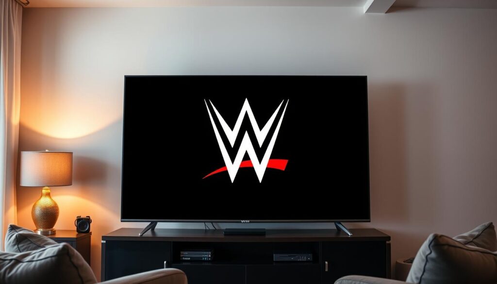 A high-quality, wide-angle shot of the WWE logo prominently displayed on a sleek, modern smart TV screen. The TV is situated in a cozy, well-lit living room setting, with plush furniture and warm, inviting lighting creating a relaxed, entertainment-focused atmosphere. The screen displays the WWE logo in vibrant colors, capturing the dynamic and energetic spirit of professional wrestling. The room's decor suggests a comfortable, tech-savvy home environment, emphasizing the convenience and accessibility of streaming WWE content for free through the Pluto TV app. A high-quality, wide-angle shot of the WWE logo prominently displayed on a sleek, modern smart TV screen. The TV is situated in a cozy, well-lit living room setting, with plush furniture and warm, inviting lighting creating a relaxed, entertainment-focused atmosphere. The screen displays the WWE logo in vibrant colors, capturing the dynamic and energetic spirit of professional wrestling. The room's decor suggests a comfortable, tech-savvy home environment, emphasizing the convenience and accessibility of streaming WWE content for free through the Pluto TV app.