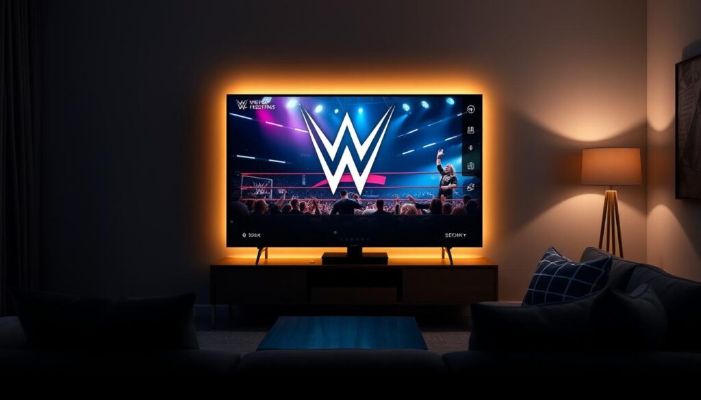 A high-resolution image of a modern streaming app interface displaying the WWE logo and live wrestling action on a large TV screen. The interface should have a clean, sleek design with intuitive navigation controls. The background should feature a dimly lit living room setting, with a comfortable couch and subtle lighting to create a cozy, cinematic atmosphere. The overall mood should convey a sense of excitement and immersion, as if the viewer is about to enjoy a thrilling WWE event from the comfort of their own home. A high-resolution image of a modern streaming app interface displaying the WWE logo and live wrestling action on a large TV screen. The interface should have a clean, sleek design with intuitive navigation controls. The background should feature a dimly lit living room setting, with a comfortable couch and subtle lighting to create a cozy, cinematic atmosphere. The overall mood should convey a sense of excitement and immersion, as if the viewer is about to enjoy a thrilling WWE event from the comfort of their own home.