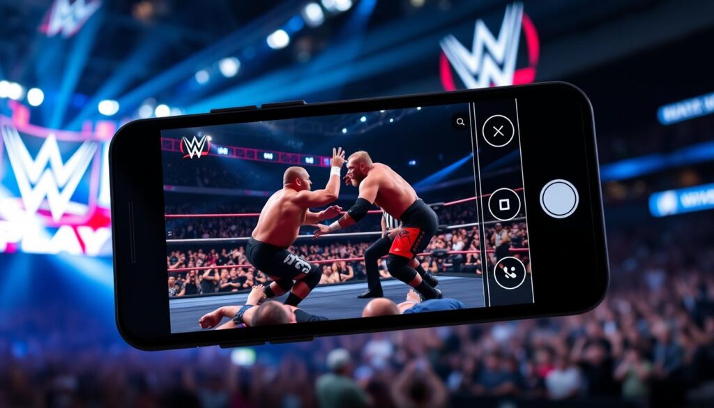 A live, high-definition broadcast of a thrilling WWE match, displayed on a modern smartphone screen. The foreground showcases the intense action, with wrestlers locked in dramatic grapples and exchanges, their faces etched with determination. The middle ground reveals the sleek, intuitive user interface of the WWE app, allowing seamless navigation and real-time updates. The background captures the electric atmosphere of the arena, with vibrant lighting, cheering crowds, and the iconic WWE logo prominently featured. Crisp, cinematic lighting enhances the dynamic visuals, capturing the adrenaline-fueled spectacle of the event. The overall scene conveys the excitement and accessibility of experiencing the WWE live, all through the convenience of a mobile device. A live, high-definition broadcast of a thrilling WWE match, displayed on a modern smartphone screen. The foreground showcases the intense action, with wrestlers locked in dramatic grapples and exchanges, their faces etched with determination. The middle ground reveals the sleek, intuitive user interface of the WWE app, allowing seamless navigation and real-time updates. The background captures the electric atmosphere of the arena, with vibrant lighting, cheering crowds, and the iconic WWE logo prominently featured. Crisp, cinematic lighting enhances the dynamic visuals, capturing the adrenaline-fueled spectacle of the event. The overall scene conveys the excitement and accessibility of experiencing the WWE live, all through the convenience of a mobile device.