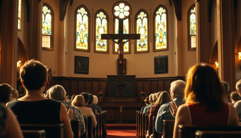A peaceful and serene scene of a church interior, with warm, soft lighting filtering through stained glass windows. In the center, a wooden cross stands tall, its intricate carvings casting gentle shadows across the pews. Worshippers sit quietly, their hands clasped in prayer, lost in a moment of deep contemplation and connection with the divine. The atmosphere is one of reverence and tranquility, inviting the viewer to pause and reflect on their own spiritual journey. A peaceful and serene scene of a church interior, with warm, soft lighting filtering through stained glass windows. In the center, a wooden cross stands tall, its intricate carvings casting gentle shadows across the pews. Worshippers sit quietly, their hands clasped in prayer, lost in a moment of deep contemplation and connection with the divine. The atmosphere is one of reverence and tranquility, inviting the viewer to pause and reflect on their own spiritual journey.