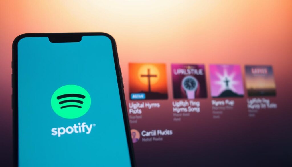 A serene and joyful Spotify app interface showcasing a collection of gospel music. The foreground features the Spotify logo and app UI elements in a clean, minimalist design. The middle ground displays album art and song titles of uplifting Christian hymns and worship songs. The background is a soft, warm gradient evoking a sense of peace and spiritual contemplation. Gentle lighting from above casts a calming glow over the entire scene. The overall composition conveys a harmonious and devotional ambiance, perfectly suited for the article's focus on free access to inspirational Christian music. A serene and joyful Spotify app interface showcasing a collection of gospel music. The foreground features the Spotify logo and app UI elements in a clean, minimalist design. The middle ground displays album art and song titles of uplifting Christian hymns and worship songs. The background is a soft, warm gradient evoking a sense of peace and spiritual contemplation. Gentle lighting from above casts a calming glow over the entire scene. The overall composition conveys a harmonious and devotional ambiance, perfectly suited for the article's focus on free access to inspirational Christian music.