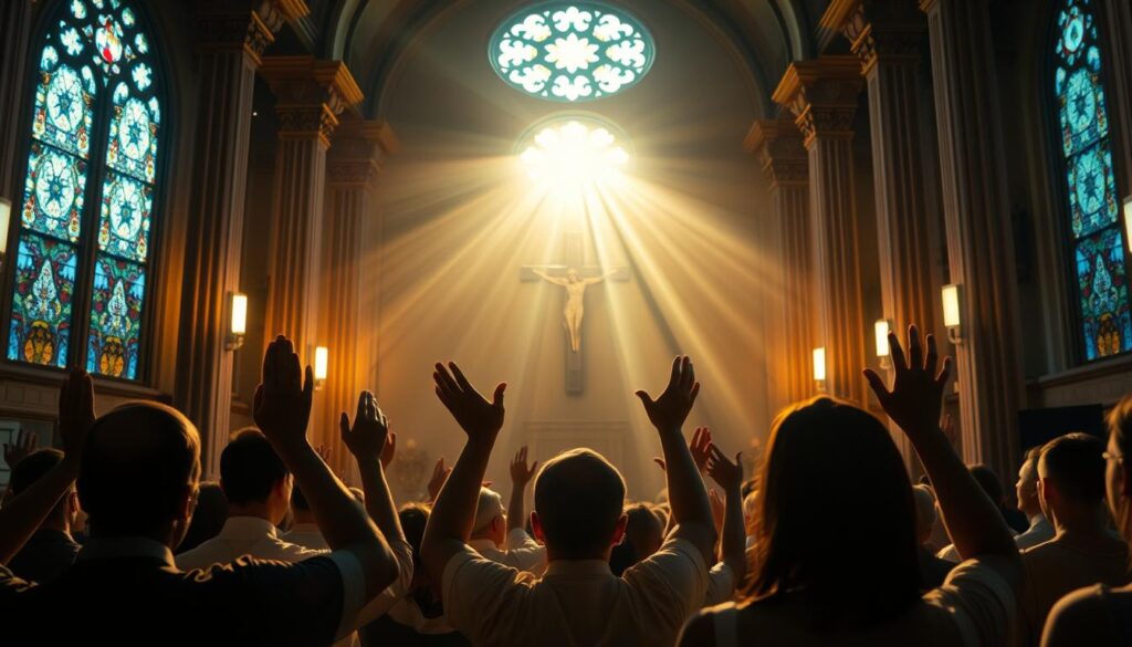 A serene and radiant church interior, with warm, glowing lighting illuminating a choir of worshippers, their hands raised in praise and adoration. The focal point is a majestic cross at the altar, casting a soft, ethereal glow across the scene. The architecture features intricate stained-glass windows and ornate columns, creating a sense of reverence and spiritual connection. The worshippers' expressions convey deep devotion and humble awe, their faces aglow with the light of faith. Ambient lighting filters in from unseen sources, casting a heavenly atmosphere throughout the space. The overall mood is one of transcendent worship, inviting the viewer to join in the heartfelt celebration of "louvor e adoração." A serene and radiant church interior, with warm, glowing lighting illuminating a choir of worshippers, their hands raised in praise and adoration. The focal point is a majestic cross at the altar, casting a soft, ethereal glow across the scene. The architecture features intricate stained-glass windows and ornate columns, creating a sense of reverence and spiritual connection. The worshippers' expressions convey deep devotion and humble awe, their faces aglow with the light of faith. Ambient lighting filters in from unseen sources, casting a heavenly atmosphere throughout the space. The overall mood is one of transcendent worship, inviting the viewer to join in the heartfelt celebration of "louvor e adoração."