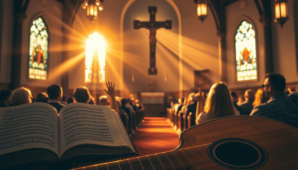A serene church interior, bathed in warm, golden light streaming through stained glass windows. In the foreground, a collection of open hymnals and a weathered acoustic guitar, evoking the intimate worship experience. The middle ground features pews filled with worshippers, their hands raised in reverence. In the background, a towering cross stands as a spiritual focal point, its intricate carvings casting long shadows. The overall atmosphere is one of tranquility and devotion, inviting the viewer to join in the sacred experience of "Músicas Gospel Grátis para Enriquecer Sua Fé". A serene church interior, bathed in warm, golden light streaming through stained glass windows. In the foreground, a collection of open hymnals and a weathered acoustic guitar, evoking the intimate worship experience. The middle ground features pews filled with worshippers, their hands raised in reverence. In the background, a towering cross stands as a spiritual focal point, its intricate carvings casting long shadows. The overall atmosphere is one of tranquility and devotion, inviting the viewer to join in the sacred experience of "Músicas Gospel Grátis para Enriquecer Sua Fé".