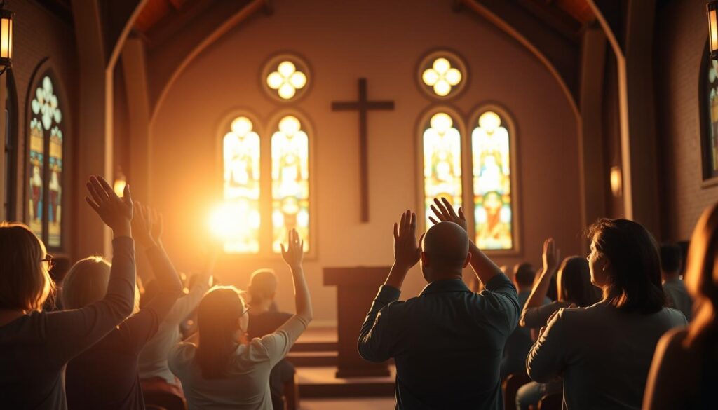 A serene church interior, warm natural light pouring through stained glass windows, illuminating a group of people gathered in quiet contemplation, hands raised in joyful praise. In the foreground, a chorus of voices blending in harmonious worship, their expressions radiating a sense of peace and connection. The middle ground features a simple yet elegant podium, inviting the viewer to join in the free, heartfelt adoration. The background is softly out of focus, allowing the central scene to take center stage. The overall atmosphere is one of tranquility, spirituality, and the transformative power of free, meaningful praise. A serene church interior, warm natural light pouring through stained glass windows, illuminating a group of people gathered in quiet contemplation, hands raised in joyful praise. In the foreground, a chorus of voices blending in harmonious worship, their expressions radiating a sense of peace and connection. The middle ground features a simple yet elegant podium, inviting the viewer to join in the free, heartfelt adoration. The background is softly out of focus, allowing the central scene to take center stage. The overall atmosphere is one of tranquility, spirituality, and the transformative power of free, meaningful praise.