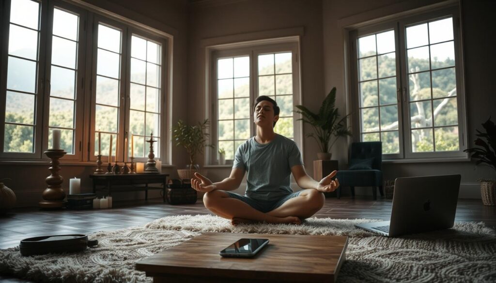 A serene, dimly lit room filled with natural light streaming through large windows. In the foreground, a person sits cross-legged on a plush rug, their eyes closed in deep meditation, a soft glow emanating from a smartphone resting on a wooden table before them. The middle ground showcases a blend of traditional spiritual artifacts - candles, incense, and a small altar - alongside sleek, modern technological devices like a laptop and VR headset. The background reveals a lush, verdant landscape visible through the windows, hinting at the harmony between the natural and digital realms. The overall atmosphere is one of tranquility, contemplation, and the seamless integration of technology and spirituality. A serene, dimly lit room filled with natural light streaming through large windows. In the foreground, a person sits cross-legged on a plush rug, their eyes closed in deep meditation, a soft glow emanating from a smartphone resting on a wooden table before them. The middle ground showcases a blend of traditional spiritual artifacts - candles, incense, and a small altar - alongside sleek, modern technological devices like a laptop and VR headset. The background reveals a lush, verdant landscape visible through the windows, hinting at the harmony between the natural and digital realms. The overall atmosphere is one of tranquility, contemplation, and the seamless integration of technology and spirituality.