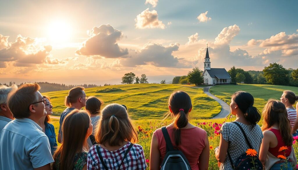 A serene landscape with a radiant sky, soft clouds, and warm sunlight casting a gentle glow. In the foreground, a group of diverse people of different ages and backgrounds gather together, their faces filled with joy and peace as they listen to a Christian worship song playing from a portable speaker. The middle ground features a lush, verdant meadow, dotted with vibrant wildflowers and a winding path leading to a small, peaceful church in the distance. The overall atmosphere is one of tranquility, spirituality, and the transformative power of Christian music to bring people together and lift their hearts and minds to the divine. A serene landscape with a radiant sky, soft clouds, and warm sunlight casting a gentle glow. In the foreground, a group of diverse people of different ages and backgrounds gather together, their faces filled with joy and peace as they listen to a Christian worship song playing from a portable speaker. The middle ground features a lush, verdant meadow, dotted with vibrant wildflowers and a winding path leading to a small, peaceful church in the distance. The overall atmosphere is one of tranquility, spirituality, and the transformative power of Christian music to bring people together and lift their hearts and minds to the divine.