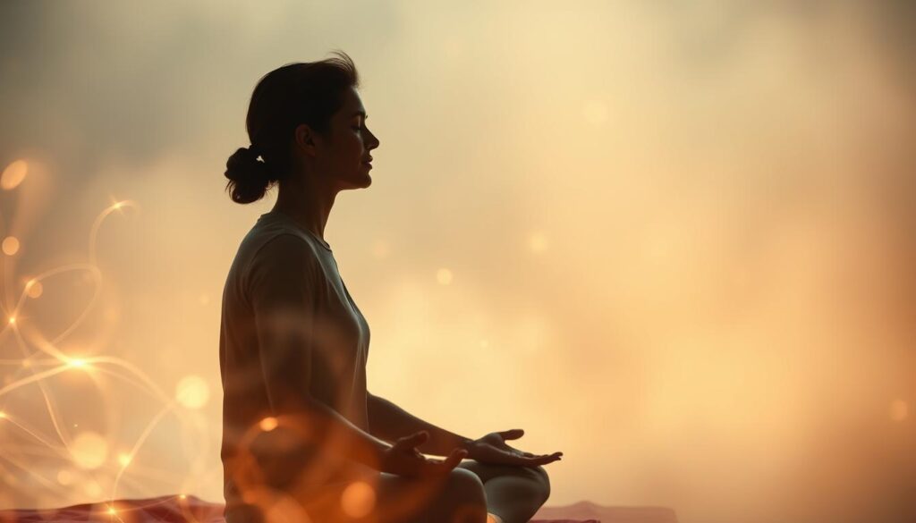 A serene, softly-lit scene of a person sitting in a meditative pose, surrounded by glowing, ethereal wisps of energy. The figure is in the foreground, their face and body language conveying a sense of deep spiritual connection and inner peace. In the middle ground, abstract patterns of light and color swirl and intermingle, creating a sense of mystical energy. The background is a hazy, atmospheric expanse, hinting at the boundless nature of the spiritual realm. The overall composition and lighting evoke a sense of tranquility, harmony, and the profound power of spiritual communion in the digital age.