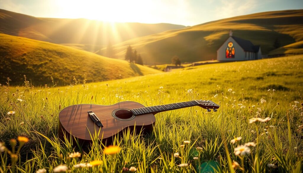 A serene, sun-dappled meadow nestled among rolling hills, with a lone acoustic guitar resting on the lush grass. Sunbeams filter through the swaying wildflowers, casting a warm, ethereal glow. In the distance, a stained-glass window glimmers, hinting at a nearby chapel where the soulful melodies of Christian hymns emanate. The scene evokes a sense of peaceful contemplation, inviting the viewer to find daily inspiration in the beauty of nature and the uplifting power of sacred music. A serene, sun-dappled meadow nestled among rolling hills, with a lone acoustic guitar resting on the lush grass. Sunbeams filter through the swaying wildflowers, casting a warm, ethereal glow. In the distance, a stained-glass window glimmers, hinting at a nearby chapel where the soulful melodies of Christian hymns emanate. The scene evokes a sense of peaceful contemplation, inviting the viewer to find daily inspiration in the beauty of nature and the uplifting power of sacred music.