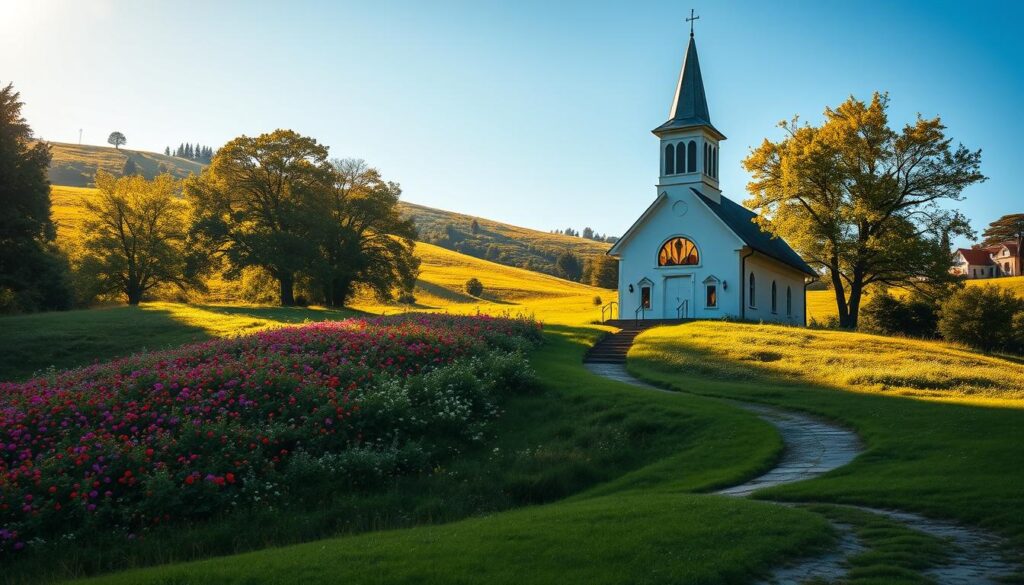 A serene, sun-drenched scene of a lush, rolling hillside dotted with vibrant wildflowers, towering trees casting warm, dappled shadows. In the foreground, a peaceful meadow, with a winding path leading towards a quaint, whitewashed chapel, its steeple gently piercing the azure sky. Soft, golden light filters through stained glass windows, casting a reverent glow upon the interior, where a choir of angelic figures sing in harmonious praise, their voices echoing the messages of faith and hope that uplift the soul. The overall atmosphere is one of tranquility, inspiration, and a deep connection to the divine. A serene, sun-drenched scene of a lush, rolling hillside dotted with vibrant wildflowers, towering trees casting warm, dappled shadows. In the foreground, a peaceful meadow, with a winding path leading towards a quaint, whitewashed chapel, its steeple gently piercing the azure sky. Soft, golden light filters through stained glass windows, casting a reverent glow upon the interior, where a choir of angelic figures sing in harmonious praise, their voices echoing the messages of faith and hope that uplift the soul. The overall atmosphere is one of tranquility, inspiration, and a deep connection to the divine.