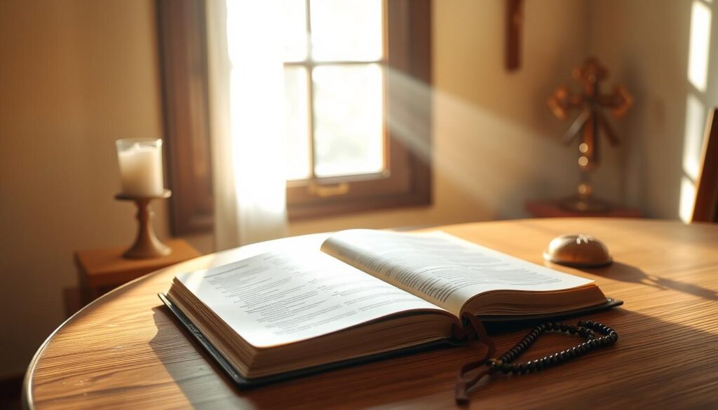 A serene, sunlit room filled with the gentle glow of natural light. On a simple wooden table, a leather-bound journal lies open, its pages reflecting the thoughts and meditations of the reader. Soft, diffused light streams through a nearby window, casting a warm, contemplative ambiance. The room is adorned with subtle religious iconography - a rosary, a small cross, a votive candle - that imbues the scene with a sense of reverence and spiritual introspection. The overall mood is one of tranquility, where the viewer is invited to pause, reflect, and nurture their faith through the simple act of daily contemplation.