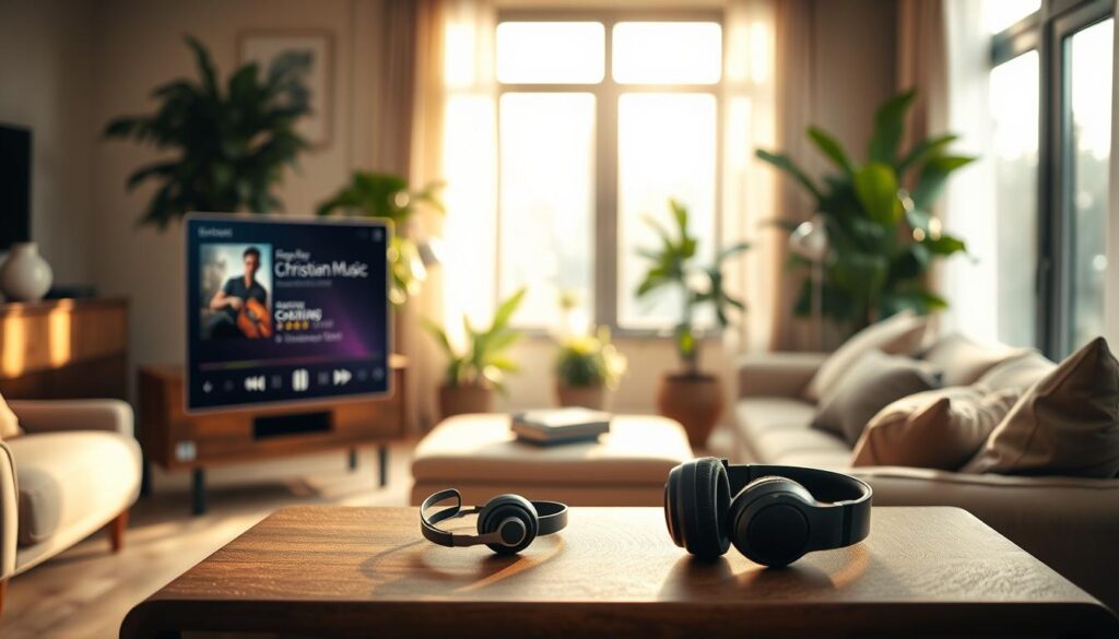 A serene, warm-lit living room with a cozy, inviting atmosphere. In the foreground, a sleek, modern media console displays a music playlist on a high-resolution digital screen, the interface designed with a minimalist, elegant aesthetic. On the console, a few carefully curated Christian music albums and a pair of high-quality wireless headphones, hinting at the personalized, immersive listening experience. The middle ground features plush, neutral-toned furniture, and lush potted plants, creating a harmonious, nature-inspired ambiance. The background showcases a large window, allowing soft, diffused natural light to flood the space, imbuing the scene with a tranquil, spiritual quality.