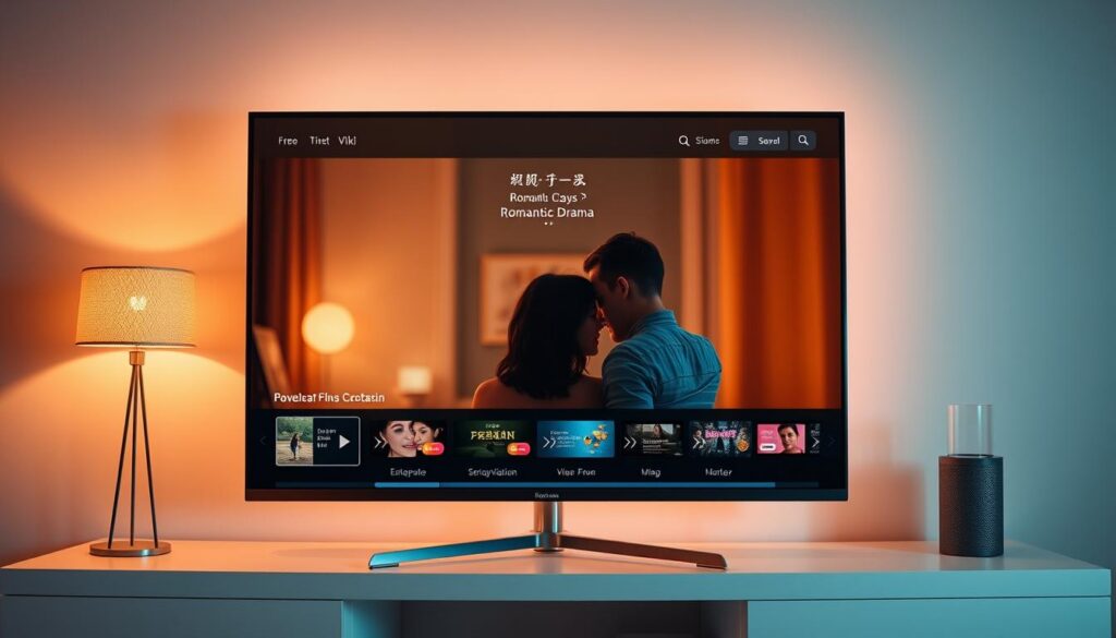 A sleek and modern user interface of the Rakuten Viki streaming platform, showcasing a cinematic view of a romantic drama film playing on a high-definition display. The interface features a clean, minimalist design with intuitive navigation options and a prominent title or poster of the featured content. The screen is bathed in warm, ambient lighting, creating a cozy and inviting atmosphere for viewers to immerse themselves in the world of love stories. The overall visual presentation emphasizes the platform's dedication to providing a seamless and enjoyable experience for those seeking free access to a curated selection of romantic films.