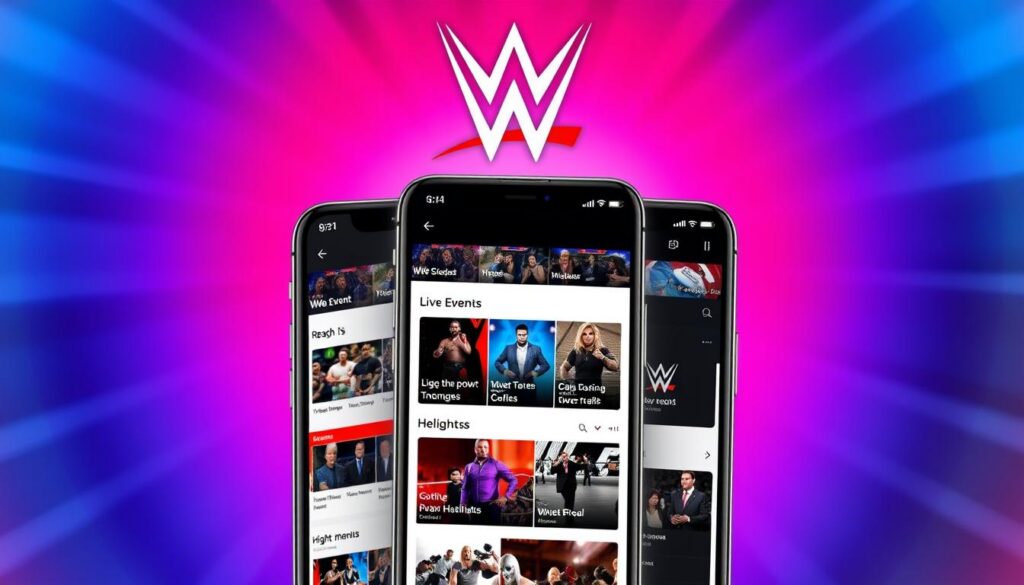 A sleek, modern mobile application interface featuring the iconic WWE logo and branding. The foreground showcases the app's home screen, with a clean grid layout displaying various WWE-related content such as live event schedules, wrestler profiles, and video highlights. The middle ground includes detailed thumbnails and menus, allowing the user to seamlessly navigate the app's features. The background features a dynamic, colorful gradient that evokes the energy and excitement of the WWE universe. The overall composition conveys a sense of professional design, user-friendliness, and immersive WWE experience on a mobile device. A sleek, modern mobile application interface featuring the iconic WWE logo and branding. The foreground showcases the app's home screen, with a clean grid layout displaying various WWE-related content such as live event schedules, wrestler profiles, and video highlights. The middle ground includes detailed thumbnails and menus, allowing the user to seamlessly navigate the app's features. The background features a dynamic, colorful gradient that evokes the energy and excitement of the WWE universe. The overall composition conveys a sense of professional design, user-friendliness, and immersive WWE experience on a mobile device.