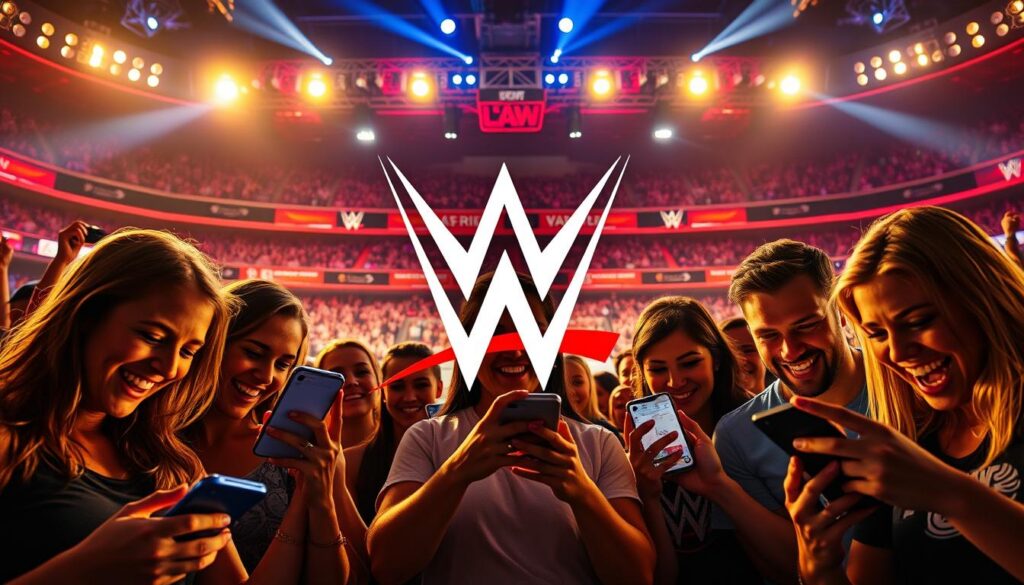 A stunning, vibrant image showcasing the exclusive benefits of the WWE app. In the foreground, a group of passionate WWE fans excitedly engaging with the app on their mobile devices, their faces lit by the warm glow of the screen. In the middle ground, a dynamic, larger-than-life visual of the WWE logo, rendered in a sleek, modern style that commands attention. The background is a dynamic, arena-inspired setting, complete with spotlights and a sense of energy and excitement. The overall scene is captured with a cinematic, high-contrast lighting style that enhances the drama and intensity of the WWE experience. The image conveys a sense of the app's unparalleled access to live events, exclusive content, and the ability to connect with the WWE community in a truly immersive way. A stunning, vibrant image showcasing the exclusive benefits of the WWE app. In the foreground, a group of passionate WWE fans excitedly engaging with the app on their mobile devices, their faces lit by the warm glow of the screen. In the middle ground, a dynamic, larger-than-life visual of the WWE logo, rendered in a sleek, modern style that commands attention. The background is a dynamic, arena-inspired setting, complete with spotlights and a sense of energy and excitement. The overall scene is captured with a cinematic, high-contrast lighting style that enhances the drama and intensity of the WWE experience. The image conveys a sense of the app's unparalleled access to live events, exclusive content, and the ability to connect with the WWE community in a truly immersive way.