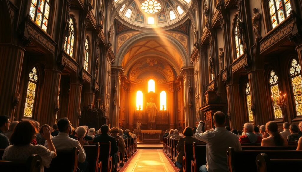 A tranquil church interior bathed in warm, golden light filtering through stained glass windows. In the foreground, a group of worshippers kneeling in reverent prayer, their hands raised in adoration. Intricate wooden pews and ornate religious iconography adorn the middle ground, conveying a sense of sacred devotion. The background depicts a vast, vaulted ceiling with intricate murals and sculptures, creating an atmosphere of profound spirituality and connection to the divine. The overall scene evokes a profound sense of the importance of free worship and praise, inspiring hope and transcendence.