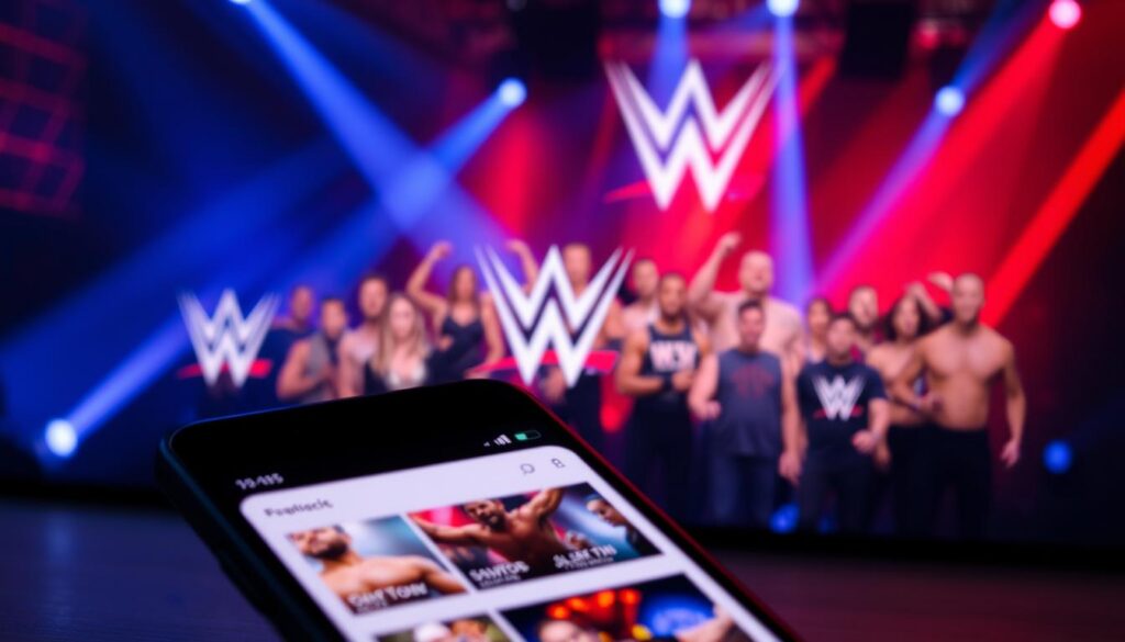 A vibrant and dynamic mobile application interface, showcasing the iconic Peacock logo and branding for the WWE streaming service. The foreground features a clean, minimalist UI design with intuitive navigation elements, highlighting the key features and content offerings. The middle ground depicts an array of professional wrestling superstars in action, captured with cinematic lighting and high-definition visuals. The background subtly integrates the WWE's signature red, white, and blue color scheme, creating a visually striking and immersive atmosphere. The overall composition conveys a sense of excitement, accessibility, and the ability to experience the thrill of WWE events and content anytime, anywhere. A vibrant and dynamic mobile application interface, showcasing the iconic Peacock logo and branding for the WWE streaming service. The foreground features a clean, minimalist UI design with intuitive navigation elements, highlighting the key features and content offerings. The middle ground depicts an array of professional wrestling superstars in action, captured with cinematic lighting and high-definition visuals. The background subtly integrates the WWE's signature red, white, and blue color scheme, creating a visually striking and immersive atmosphere. The overall composition conveys a sense of excitement, accessibility, and the ability to experience the thrill of WWE events and content anytime, anywhere.