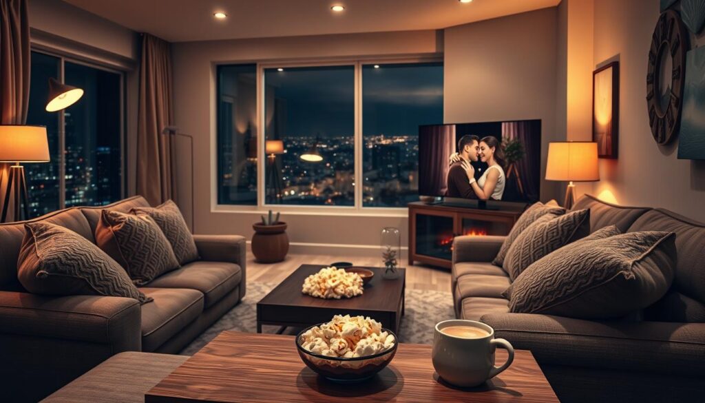 Streaming de filmes românticos gratuitos: A cozy, inviting living room with a large, comfy sofa and plush throw pillows. A smart TV is the centerpiece, displaying a romantic movie playing. Warm lighting from floor lamps and a fireplace casts a gentle glow, creating a relaxing ambiance. On a coffee table, a bowl of fresh popcorn and a mug of hot cocoa await. Through a window, a nighttime cityscape is visible, its twinkling lights reflecting the mood. The overall scene exudes a sense of comfort, intimacy, and the joy of indulging in free, high-quality romantic movies from the convenience of home. Streaming de filmes românticos gratuitos: A cozy, inviting living room with a large, comfy sofa and plush throw pillows. A smart TV is the centerpiece, displaying a romantic movie playing. Warm lighting from floor lamps and a fireplace casts a gentle glow, creating a relaxing ambiance. On a coffee table, a bowl of fresh popcorn and a mug of hot cocoa await. Through a window, a nighttime cityscape is visible, its twinkling lights reflecting the mood. The overall scene exudes a sense of comfort, intimacy, and the joy of indulging in free, high-quality romantic movies from the convenience of home.