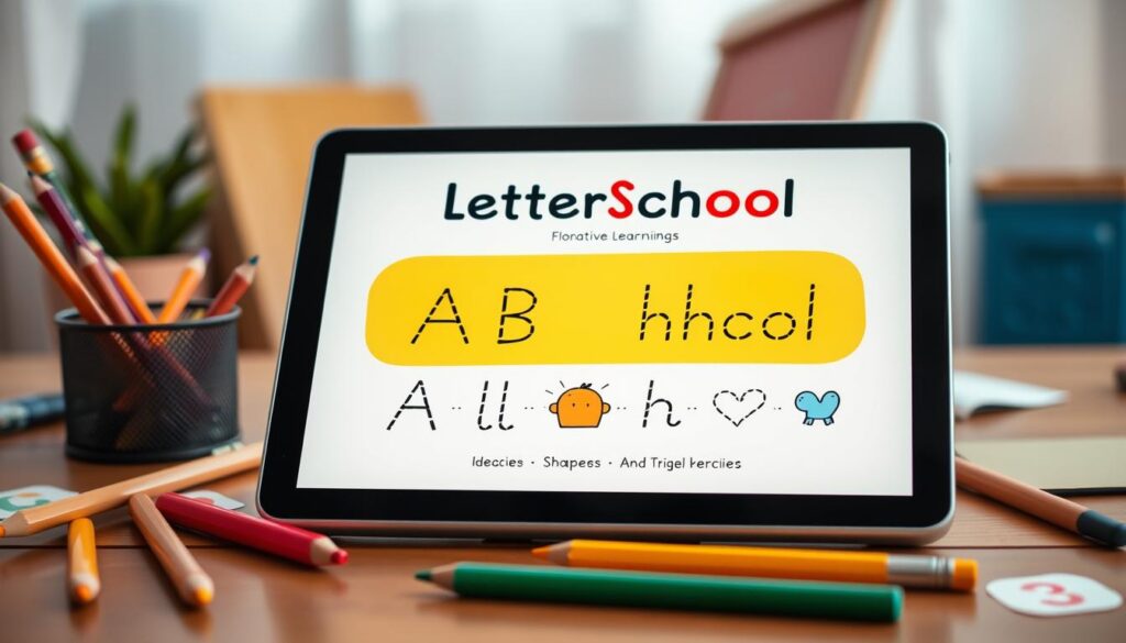 A brightly lit, high-resolution image of the LetterSchool educational app's main interface displayed on a modern tablet device, showcasing its intuitive and engaging learning experience for young children. The foreground features the app's colorful, hand-drawn user interface with interactive letters, shapes, and tracing exercises. The middle ground depicts the tablet resting on a wooden surface, surrounded by educational supplies like colored pencils and stickers. The background is a soft, out-of-focus scene, creating a warm and nurturing atmosphere. The overall composition highlights the app's user-friendly design and its potential to captivate and educate young learners. A brightly lit, high-resolution image of the LetterSchool educational app's main interface displayed on a modern tablet device, showcasing its intuitive and engaging learning experience for young children. The foreground features the app's colorful, hand-drawn user interface with interactive letters, shapes, and tracing exercises. The middle ground depicts the tablet resting on a wooden surface, surrounded by educational supplies like colored pencils and stickers. The background is a soft, out-of-focus scene, creating a warm and nurturing atmosphere. The overall composition highlights the app's user-friendly design and its potential to captivate and educate young learners.