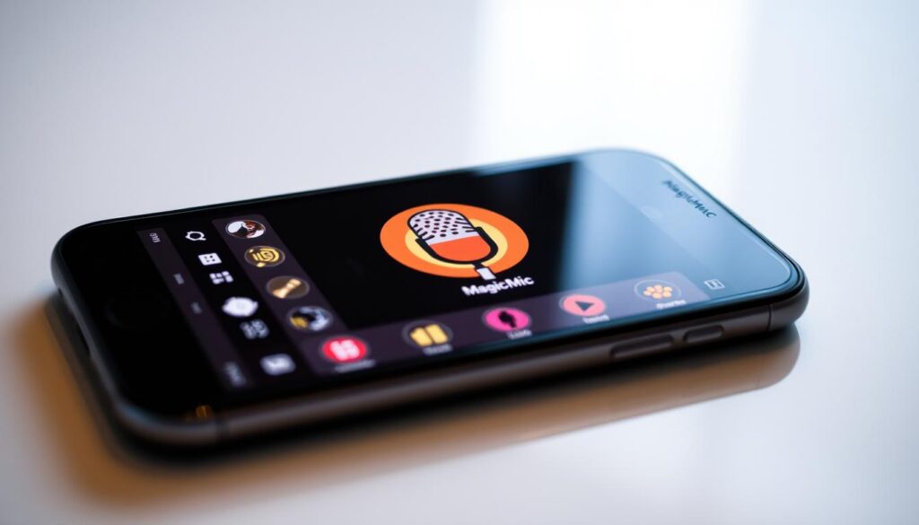 A closeup view of a modern smartphone displaying the MagicMic app interface. The app's logo, a colorful microphone icon, is prominently featured in the center of the screen. The user interface showcases various voice transformation options, filters, and audio manipulation tools. The screen is illuminated by soft, diffused lighting, creating a warm and inviting atmosphere. The smartphone is resting on a smooth, reflective surface, adding depth and visual interest to the composition. The overall mood is one of creativity, fun, and the excitement of transforming one's voice through the power of technology.