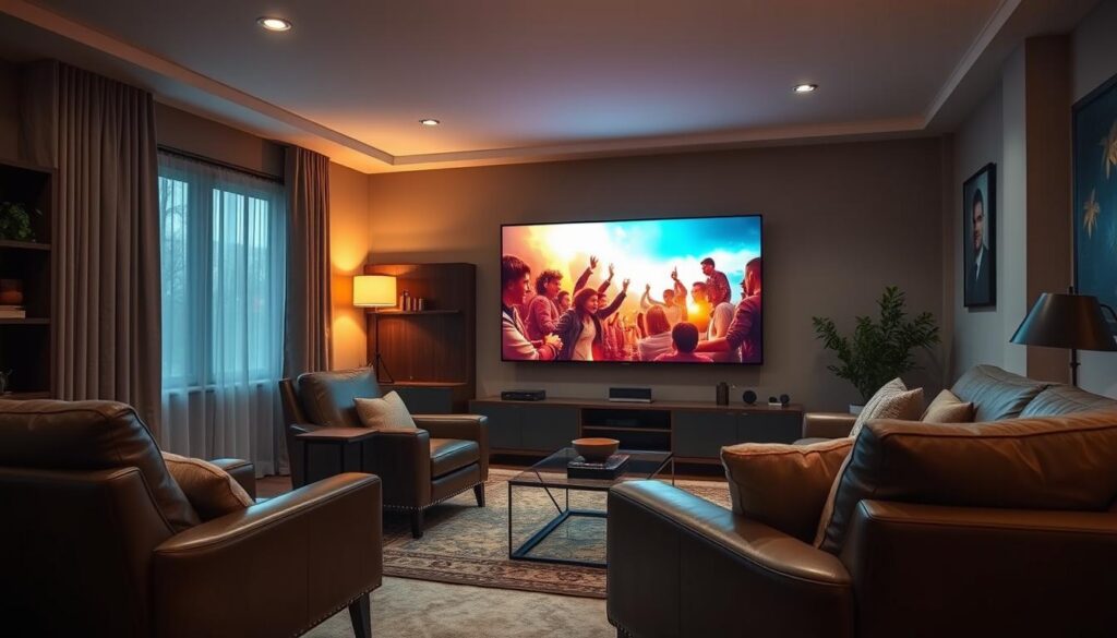 A cozy living room with a large, modern TV set prominently displayed, its screen flickering with vibrant movie scenes. Comfortable leather armchairs and a plush sofa invite viewers to sink in and get lost in the cinematic experience. Subtle ambient lighting casts a warm, inviting glow, while the room's decor features minimalist, sleek design elements that complement the technological focus. The overall atmosphere conveys a sense of effortless, immersive entertainment, perfect for an optimal movie streaming experience.