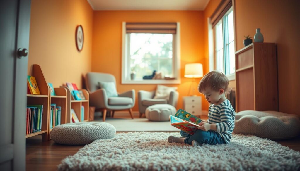 A cozy, well-lit children's reading nook. In the foreground, a young child sits cross-legged on a plush rug, completely immersed in a colorful picture book. Nearby, a small wooden bookshelf displays an array of vibrant, age-appropriate titles. The middle ground features a comfortable armchair and a plush floor cushion, inviting further exploration. In the background, warm-toned walls create a soothing, nurturing atmosphere, complemented by soft, natural lighting filtering in through a large window. The scene exudes a sense of wonder, curiosity, and the joy of discovering the world through the power of reading. A cozy, well-lit children's reading nook. In the foreground, a young child sits cross-legged on a plush rug, completely immersed in a colorful picture book. Nearby, a small wooden bookshelf displays an array of vibrant, age-appropriate titles. The middle ground features a comfortable armchair and a plush floor cushion, inviting further exploration. In the background, warm-toned walls create a soothing, nurturing atmosphere, complemented by soft, natural lighting filtering in through a large window. The scene exudes a sense of wonder, curiosity, and the joy of discovering the world through the power of reading.