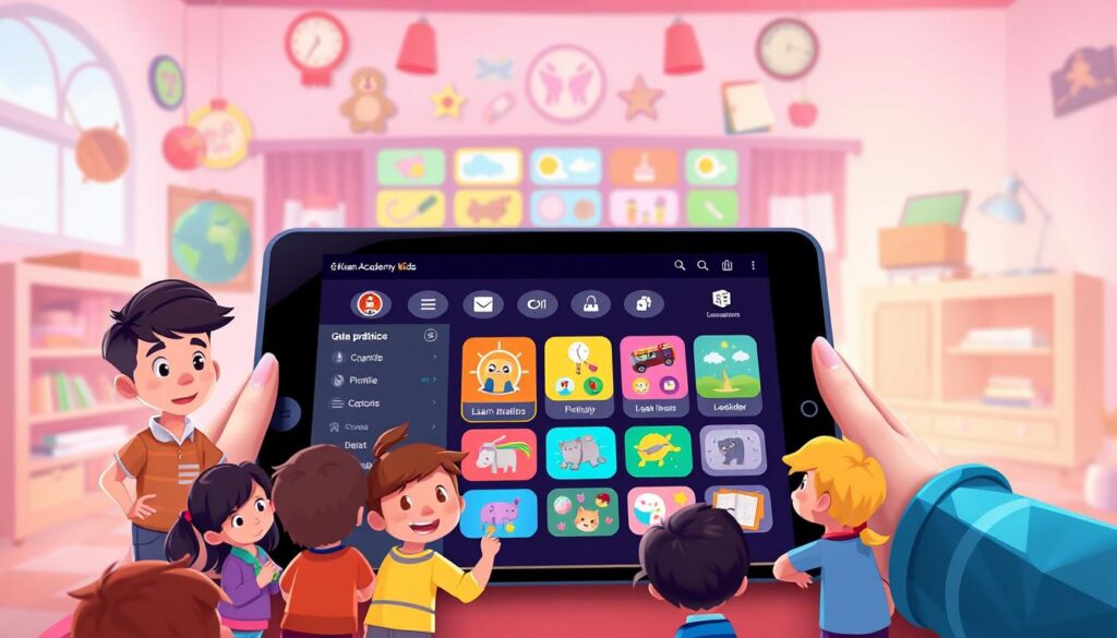 A detailed, visually-rich illustration of the "Guia prático Khan Academy Kids" app, capturing its engaging and educational nature. The foreground features a group of diverse, animated child characters interacting with colorful learning activities on a tablet device, conveyed through a whimsical, playful style. The middle ground showcases the app's user interface, with intuitive navigation menus and vibrant, interactive learning modules. The background depicts a warm, inviting learning environment, with educational iconography and a soft, diffused lighting that enhances the sense of wonder and discovery. The overall composition and attention to detail effectively communicate the app's purpose of making learning a fun and accessible experience for young learners. A detailed, visually-rich illustration of the "Guia prático Khan Academy Kids" app, capturing its engaging and educational nature. The foreground features a group of diverse, animated child characters interacting with colorful learning activities on a tablet device, conveyed through a whimsical, playful style. The middle ground showcases the app's user interface, with intuitive navigation menus and vibrant, interactive learning modules. The background depicts a warm, inviting learning environment, with educational iconography and a soft, diffused lighting that enhances the sense of wonder and discovery. The overall composition and attention to detail effectively communicate the app's purpose of making learning a fun and accessible experience for young learners.