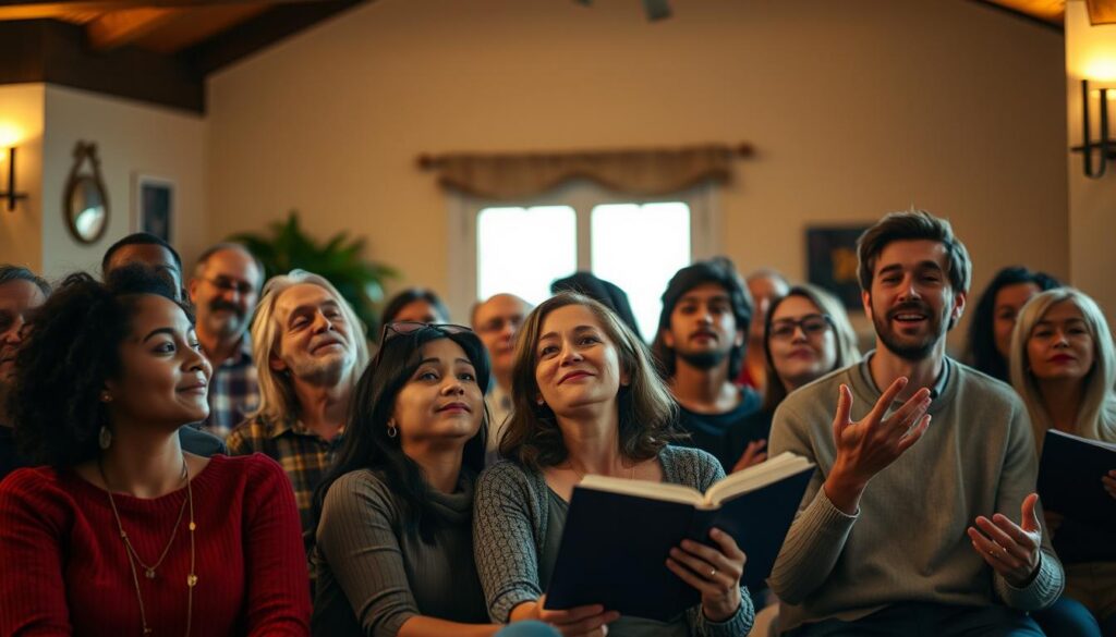 A group of diverse people, of various ages and backgrounds, gathered together in a cozy, warm-lit indoor setting, sharing in the experience of listening to Christian music. They sit or stand in close proximity, some with eyes closed in contemplation, others swaying gently to the rhythm, all united in a moment of spiritual connection and communal worship. The soft lighting casts a serene, reverent atmosphere, highlighting the intimacy and unity of the scene. A sense of peaceful, joyful harmony pervades the space, as the individuals become lost in the uplifting melodies and lyrics, finding a shared experience of personal connection with the divine.