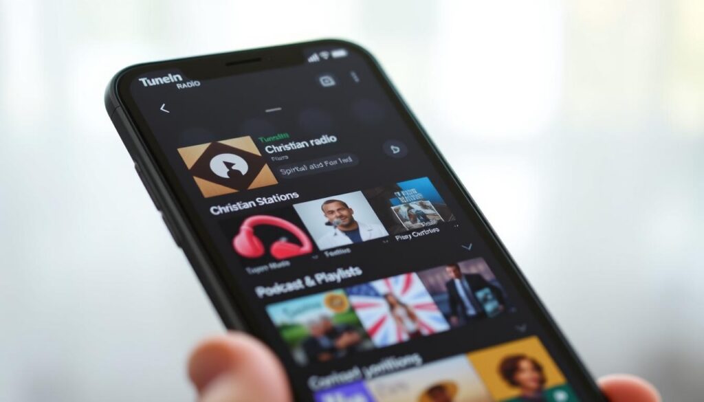 A mobile device displaying the TuneIn Radio app interface, with a clean and modern design featuring a dark background and bright, colorful icons and controls. The app's main screen showcases a selection of Christian radio stations, podcasts, and playlists, allowing the user to easily browse and access free Christian music content. The scene is lit with soft, natural lighting, creating a warm and inviting atmosphere, reflecting the spiritual and uplifting nature of the content. The camera angle is slightly elevated, providing a clear view of the app's functionality and user experience. A mobile device displaying the TuneIn Radio app interface, with a clean and modern design featuring a dark background and bright, colorful icons and controls. The app's main screen showcases a selection of Christian radio stations, podcasts, and playlists, allowing the user to easily browse and access free Christian music content. The scene is lit with soft, natural lighting, creating a warm and inviting atmosphere, reflecting the spiritual and uplifting nature of the content. The camera angle is slightly elevated, providing a clear view of the app's functionality and user experience.