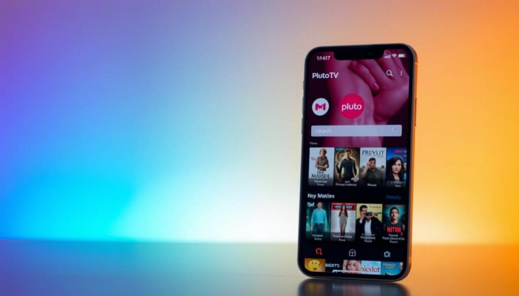A modern and intuitive mobile app interface for the Pluto TV streaming service. The foreground features the Pluto TV logo and a clean, minimalist design with a prominent search bar and menu options. The middle ground showcases a selection of popular movie titles and genres, inviting the user to browse and discover their next binge-worthy film. The background blends a soft, gradient-based color scheme, creating a sleek and visually appealing atmosphere. The lighting is gentle, with a subtle glow emanating from the screen, emphasizing the app's user-friendly and accessible nature. The overall composition conveys a sense of convenience, entertainment, and the ability to enjoy a cinematic experience on the go.