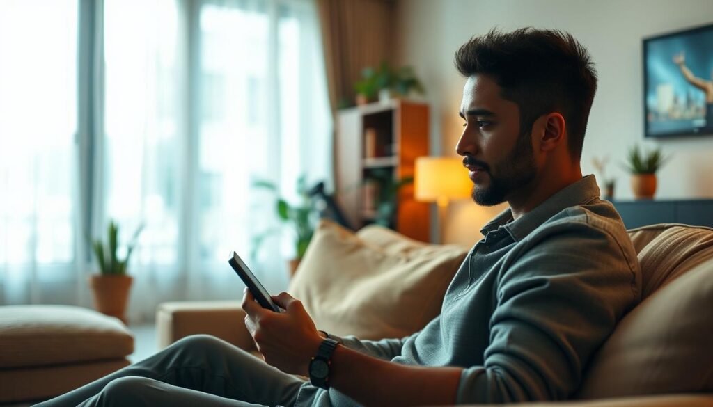 A serene and cozy living room, with a person sitting on a comfortable sofa, holding a smartphone and intently watching a film on the screen. The room is filled with soft, warm lighting, creating a relaxing atmosphere. In the background, a bookshelf and potted plants add a touch of sophistication, while the large windows allow natural light to filter in, casting a gentle glow on the scene. The person's expression is one of deep engagement, immersed in the cinematic experience on their mobile device. The overall composition suggests the convenience and enjoyment of watching movies on the go, with a focus on the best mobile apps for this purpose.