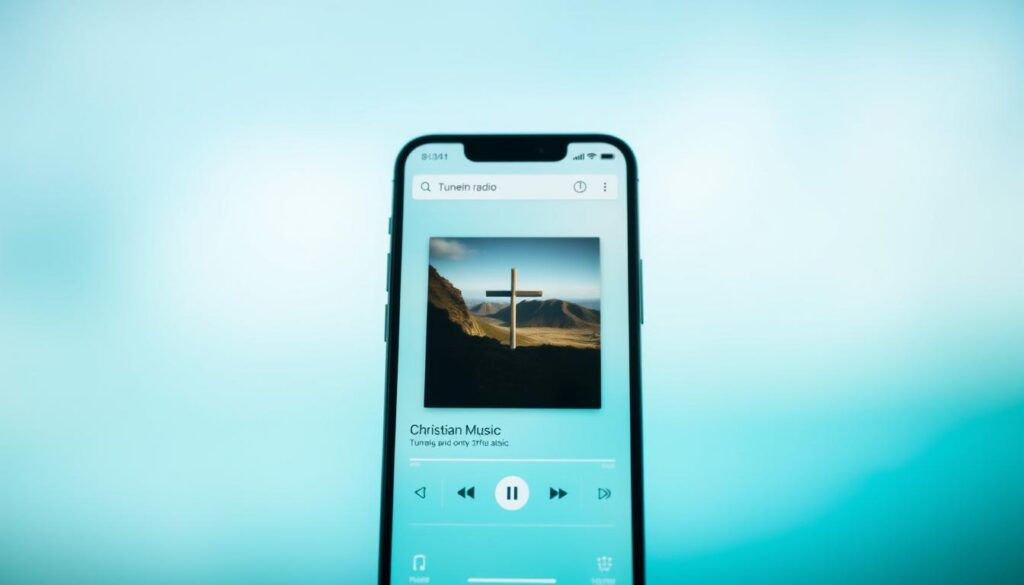 A serene and tranquil mobile app interface showcasing the TuneIn Radio app for Christian music. The screen displays a clean, minimalist design with a prominent search bar, intuitive menu buttons, and a large album art thumbnail in the center. The background features a soft, blurred gradient in soothing shades of blue and green, evoking a sense of peace and spirituality. The overall composition conveys a user-friendly, modern aesthetic that caters to the needs of Christian music listeners. Subtle lighting and camera angles highlight the app's key features, making it an inviting and accessible platform for exploring a vast library of gospel, worship, and praise music.