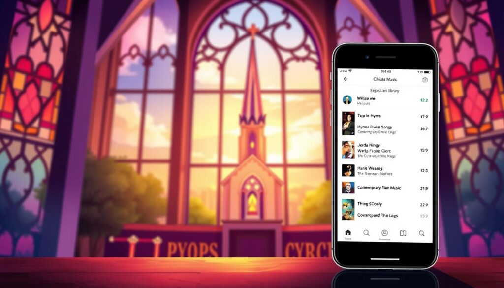 A serene and vibrant illustration showcasing the key features of a Christian music app. In the foreground, a smartphone displays the app's clean and intuitive interface, highlighting the expansive library of hymns, praise songs, and contemporary Christian music. The middle ground features a stained-glass window motif, casting warm, reverent lighting across the scene. In the background, a majestic church steeple stands tall, symbolizing the spiritual essence of the app's content. The overall composition conveys a sense of devotion, inspiration, and the power of music to uplift the soul.