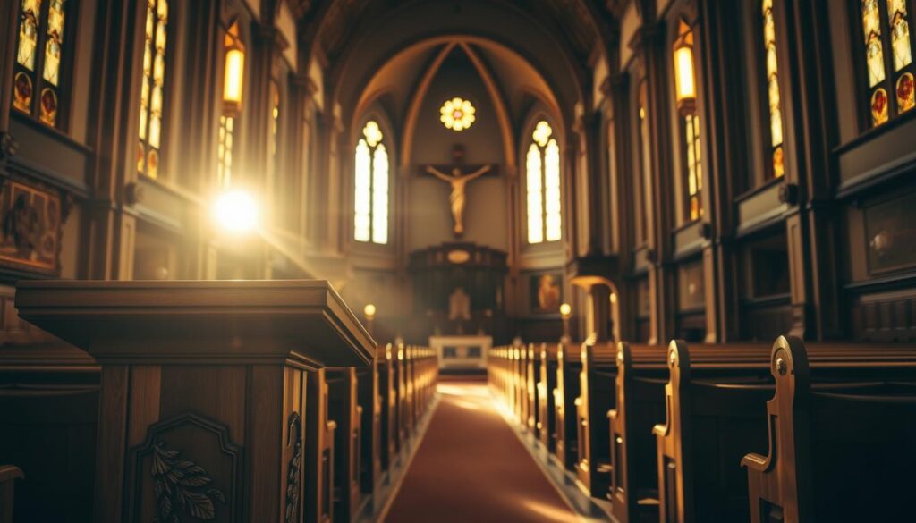 A serene church interior, illuminated by warm, golden light filtering through stained glass windows. In the foreground, a wooden lectern stands, adorned with intricate carvings. Behind it, rows of simple yet elegant wooden pews invite the faithful to gather. The middle ground features a central aisle leading towards the altar, where a large, ornate cross stands as the focal point. The background showcases the grandeur of the church's architecture, with high ceilings and detailed architectural elements. An atmosphere of reverence and tranquility pervades the scene, inviting the viewer to immerse themselves in the spiritual experience of "Canções de Fé Grátis".