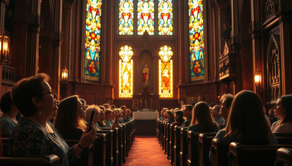A serene church interior with stained glass windows bathed in warm, ethereal lighting. In the foreground, a choir sings soulfully, their voices harmonizing in a divine, uplifting melody. In the middle ground, worshippers sit in contemplative reverence, eyes closed as they immerse themselves in the sacred sounds. The background features ornate wooden pews and intricate religious iconography, creating an atmosphere of profound spirituality and tranquility. The overall scene conveys the powerful, transformative nature of free, religious music and its ability to uplift the soul.