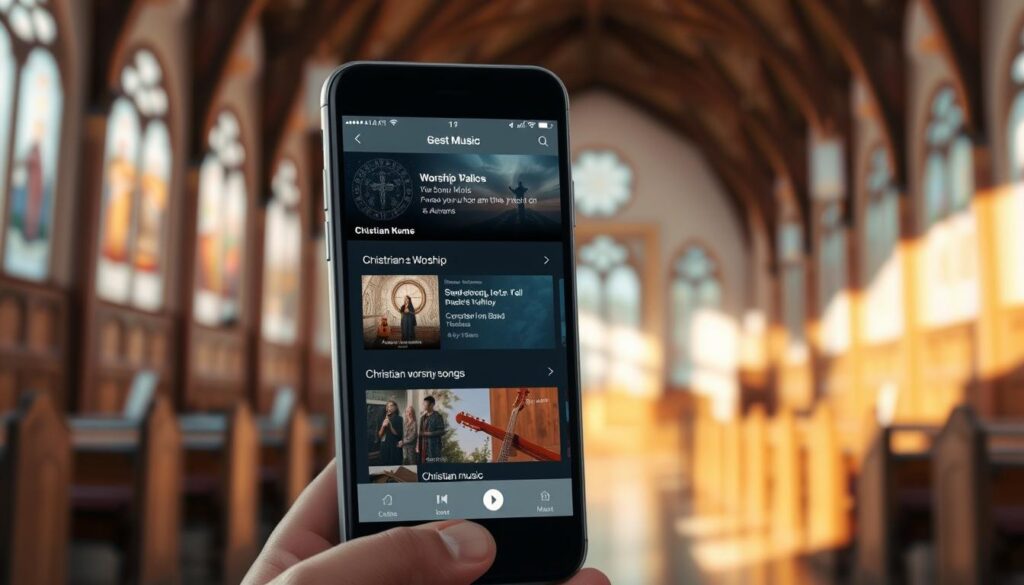 A serene digital illustration showcasing a smartphone displaying a music streaming app interface, with a curated selection of Christian worship songs and albums. The foreground features the phone's sleek design and user-friendly controls, allowing for seamless navigation. The middle ground depicts a blurred background of a peaceful, sunlit church interior, with stained glass windows and wooden pews, creating a contemplative atmosphere. The overall scene conveys the ease and accessibility of discovering and listening to free online Christian music on-the-go, ideal for personal devotion or group worship.