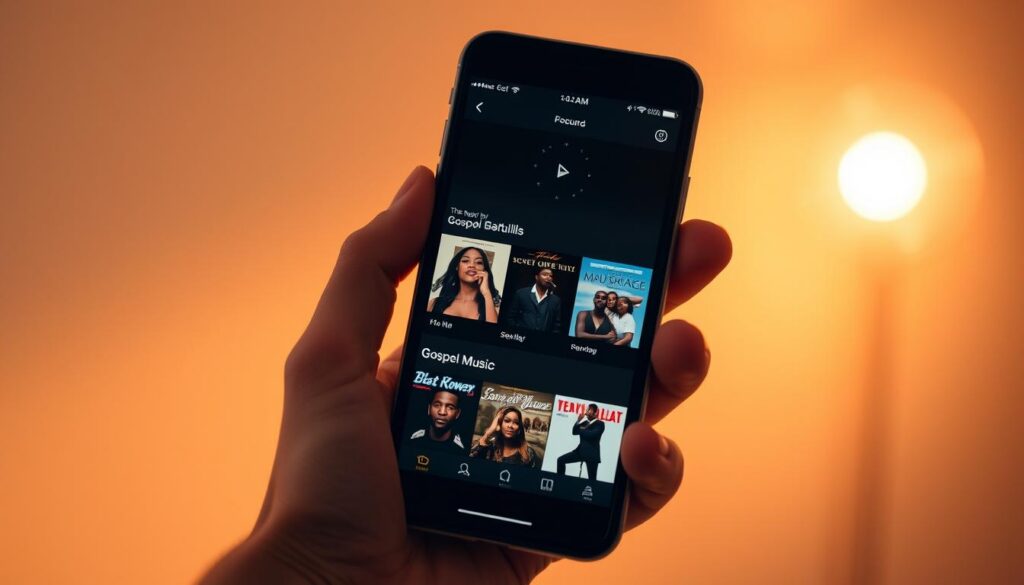 A serene scene of a smartphone screen displaying a selection of gospel music album covers, bathed in warm, soft lighting. The foreground features the smartphone in a natural, hand-held position, with the screen prominently showcasing the diverse array of album art. The middle ground blurs into a minimalist, neutral background, allowing the music content to take center stage. The overall atmosphere conveys a sense of tranquility, inviting the viewer to engage with the accessible, legal means of obtaining gospel music digitally, without any obtrusive text or overlays.