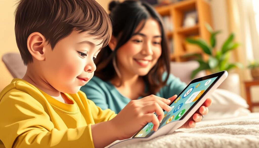 A vibrant, engaging illustration of a child using a tablet to learn online, set against a warm, inviting background. The child's face is focused, their fingers deftly navigating the intuitive interface of a free educational app, surrounded by playful icons and graphics that capture the joy of learning. The scene is bathed in soft, natural lighting, conveying a sense of comfort and ease. In the middle ground, a parent observes with a gentle smile, reflecting the app's role in facilitating family-centered learning. The background features a cozy, domestic setting, hinting at the app's accessibility and integration into daily life. The overall composition should inspire a sense of wonder, progress, and the empowering potential of free, online literacy education. A vibrant, engaging illustration of a child using a tablet to learn online, set against a warm, inviting background. The child's face is focused, their fingers deftly navigating the intuitive interface of a free educational app, surrounded by playful icons and graphics that capture the joy of learning. The scene is bathed in soft, natural lighting, conveying a sense of comfort and ease. In the middle ground, a parent observes with a gentle smile, reflecting the app's role in facilitating family-centered learning. The background features a cozy, domestic setting, hinting at the app's accessibility and integration into daily life. The overall composition should inspire a sense of wonder, progress, and the empowering potential of free, online literacy education.