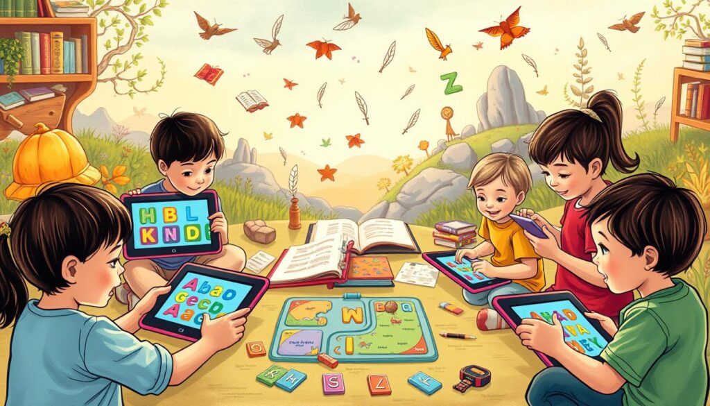 A vibrant, hand-drawn scene depicting an array of educational games focused on reading and writing. In the foreground, a group of children enthusiastically engage with interactive touchscreen tablets, their faces alight with joy as they navigate colorful, engaging mini-games that teach letter recognition, word formation, and sentence structure. In the middle ground, a mix of physical board games, storybooks, and puzzles are scattered, inviting tactile exploration and collaborative play. The background showcases a whimsical, dreamlike landscape filled with floating books, flying quills, and fantastical creatures, creating a sense of wonder and discovery. Warm, soft lighting illuminates the scene, while a naturalistic color palette and organic textures convey a sense of imagination and creativity. A vibrant, hand-drawn scene depicting an array of educational games focused on reading and writing. In the foreground, a group of children enthusiastically engage with interactive touchscreen tablets, their faces alight with joy as they navigate colorful, engaging mini-games that teach letter recognition, word formation, and sentence structure. In the middle ground, a mix of physical board games, storybooks, and puzzles are scattered, inviting tactile exploration and collaborative play. The background showcases a whimsical, dreamlike landscape filled with floating books, flying quills, and fantastical creatures, creating a sense of wonder and discovery. Warm, soft lighting illuminates the scene, while a naturalistic color palette and organic textures convey a sense of imagination and creativity.