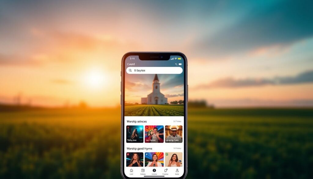 A visually captivating image of a mobile app interface showcasing the "Aplicativo de Louvores Gospel". The foreground depicts a clean, modern design with vibrant colors, intuitive navigation, and a selection of worship songs and hymns. The middle ground features a serene landscape with a church in the distance, conveying a sense of spirituality and connection. The background is illuminated by warm, soft lighting, creating a calming, reverent atmosphere. The overall composition should reflect the app's purpose of strengthening one's faith through accessible and engaging worship resources.