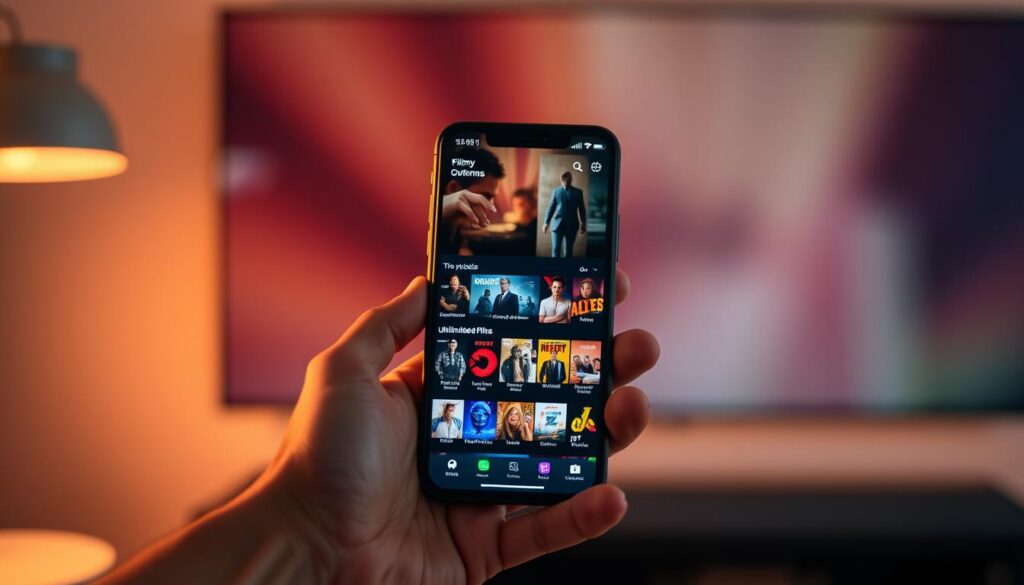 Vivid smartphone screen displaying an array of film and entertainment icons, set against a sleek, minimalist background. The device is held in a relaxed hand, hinting at the convenience and portability of having unlimited movies at one's fingertips. Soft, warm lighting illuminates the scene, creating a cozy, immersive atmosphere. Subtle depth-of-field blur emphasizes the smartphone's central role, while the background fades into a blurred, abstract canvas of complementary colors. The overall composition conveys the idea of unlimited entertainment and the freedom to enjoy films anytime, anywhere.