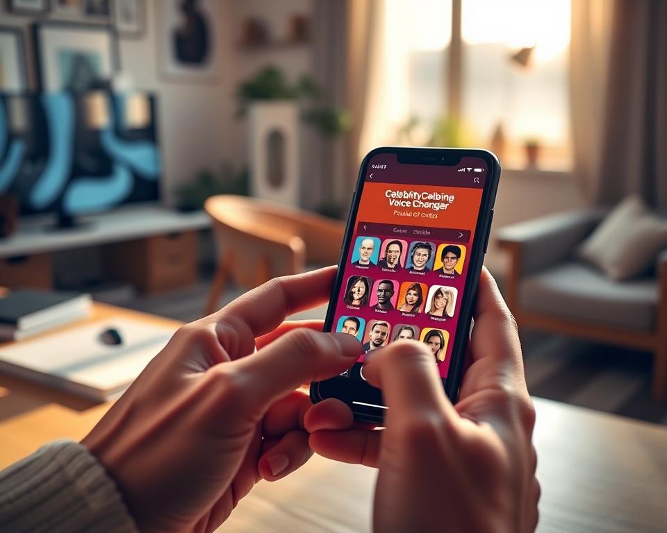 A modern smartphone displaying a vibrant app interface titled "Celebrity Voice Changer," set against a sleek, contemporary workspace. In the foreground, close-up of hands tapping the screen, showcasing popular celebrity profiles with playful icons. The background reveals a blurred, cozy home office adorned with soft lighting and stylish decor, hinting at a tech-savvy environment. Use warm, inviting tones to create an engaging atmosphere, with sunlight streaming through a window, casting gentle shadows. Capture the scene with a shallow depth of field, emphasizing the phone and app while slightly blurring the surroundings, conveying a sense of intrigue and excitement about voice transformation technology. A modern smartphone displaying a vibrant app interface titled "Celebrity Voice Changer," set against a sleek, contemporary workspace. In the foreground, close-up of hands tapping the screen, showcasing popular celebrity profiles with playful icons. The background reveals a blurred, cozy home office adorned with soft lighting and stylish decor, hinting at a tech-savvy environment. Use warm, inviting tones to create an engaging atmosphere, with sunlight streaming through a window, casting gentle shadows. Capture the scene with a shallow depth of field, emphasizing the phone and app while slightly blurring the surroundings, conveying a sense of intrigue and excitement about voice transformation technology.