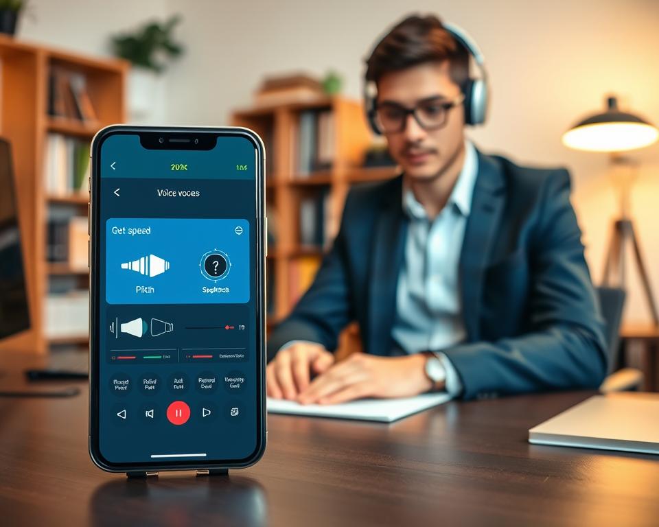 A modern smartphone positioned prominently in the foreground, displaying a vibrant app interface for voice-changing technology. The screen shows various voice modulation options like pitch, speed, and effects. In the middle ground, a young professional in smart casual attire, focused and engaged, sits at a stylish desk with headphones, suggesting active use of the app. The background features a cozy home office setting with bookshelves and soft ambient lighting, creating a warm and inviting atmosphere. The overall mood should convey innovation and creativity, hinting at the transformative power of voice modulation apps. The lighting should be soft and even, highlighting the smartphone and user’s expression, with a slight depth of field to keep the focus on the interaction with the app.