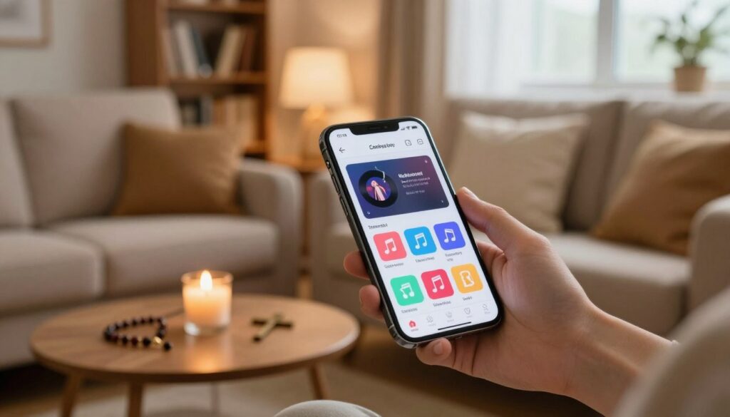 A cozy living room setting featuring a smartphone displaying a music app interface for listening to Catholic songs. In the foreground, a hand gently holding the phone, showing bright, colorful icons related to music and spiritual themes. The middle ground has a warm, inviting couch with soft cushions and a small coffee table adorned with a lit candle and a few religious symbols like a rosary and a small cross. The background includes soft lighting casting a serene ambiance, with a blurred bookshelf filled with religious texts and a window letting in soft daylight, creating a peaceful atmosphere. The scene evokes a sense of comfort and spirituality.