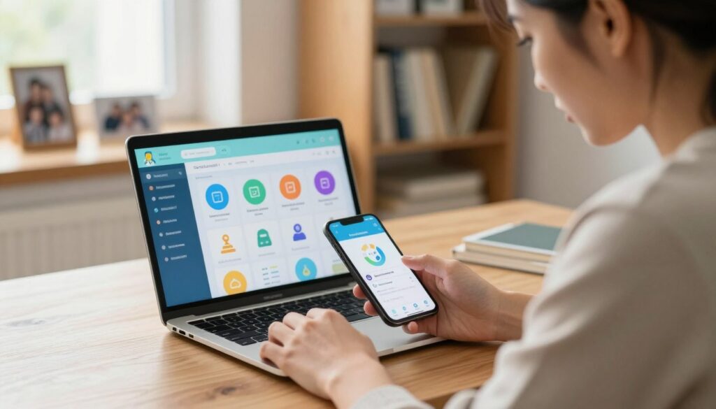 A concerned parent sitting at a wooden desk, intently looking at a smartphone while reviewing parental control app options on a laptop. The foreground features the parent with a focused expression, dressed in modest casual clothing, holding the phone with one hand and navigating the laptop with the other. In the middle, the laptop screen displays a vibrant interface showcasing various parental control apps with colorful icons and graphs. The background is softly blurred with shelves of books and family photos, creating a warm, homey atmosphere. Soft, natural light filters through a nearby window, illuminating the scene, evoking a sense of diligence and responsibility. Capture this moment with a close-up angle to emphasize the parent’s engagement and the technology in use.